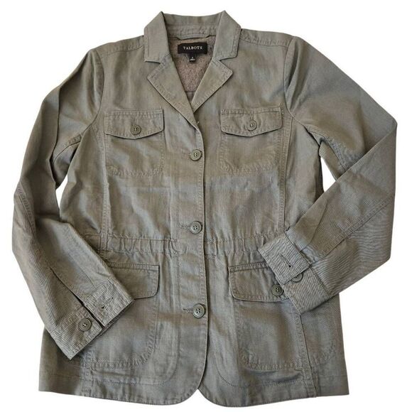 Talbots Womens Linen Blend Button Front Collared Utility Jacket Army Green Small - Picture 3 of 10